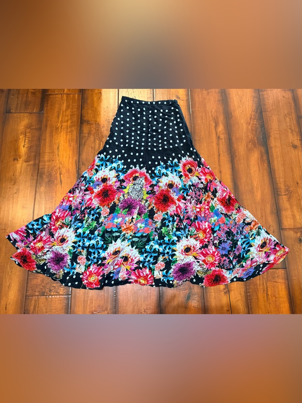 Tolani Black Maxi Skirt with Multicolor Floral & Polka Dot Print